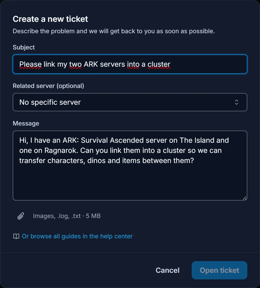 Création d'un ticket de support dans le panel DoomHosting pour demander de relier deux serveurs ARK en un cluster