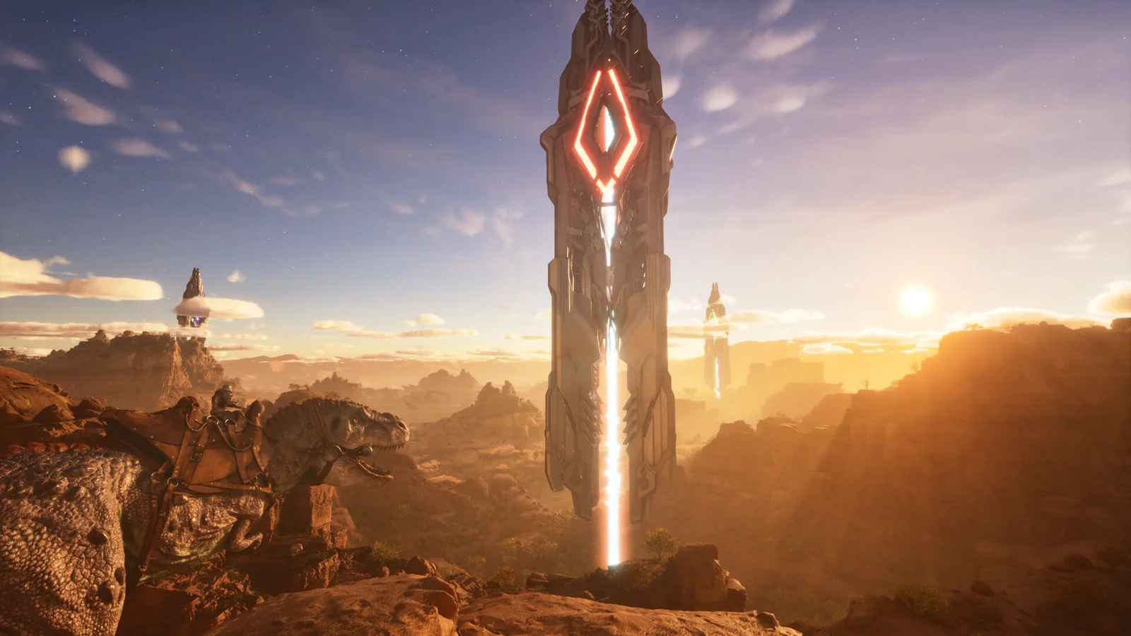 Un Obelisk dominant le désert dans ARK: Survival Ascended, le terminal servant à uploader survivants, dinos et objets