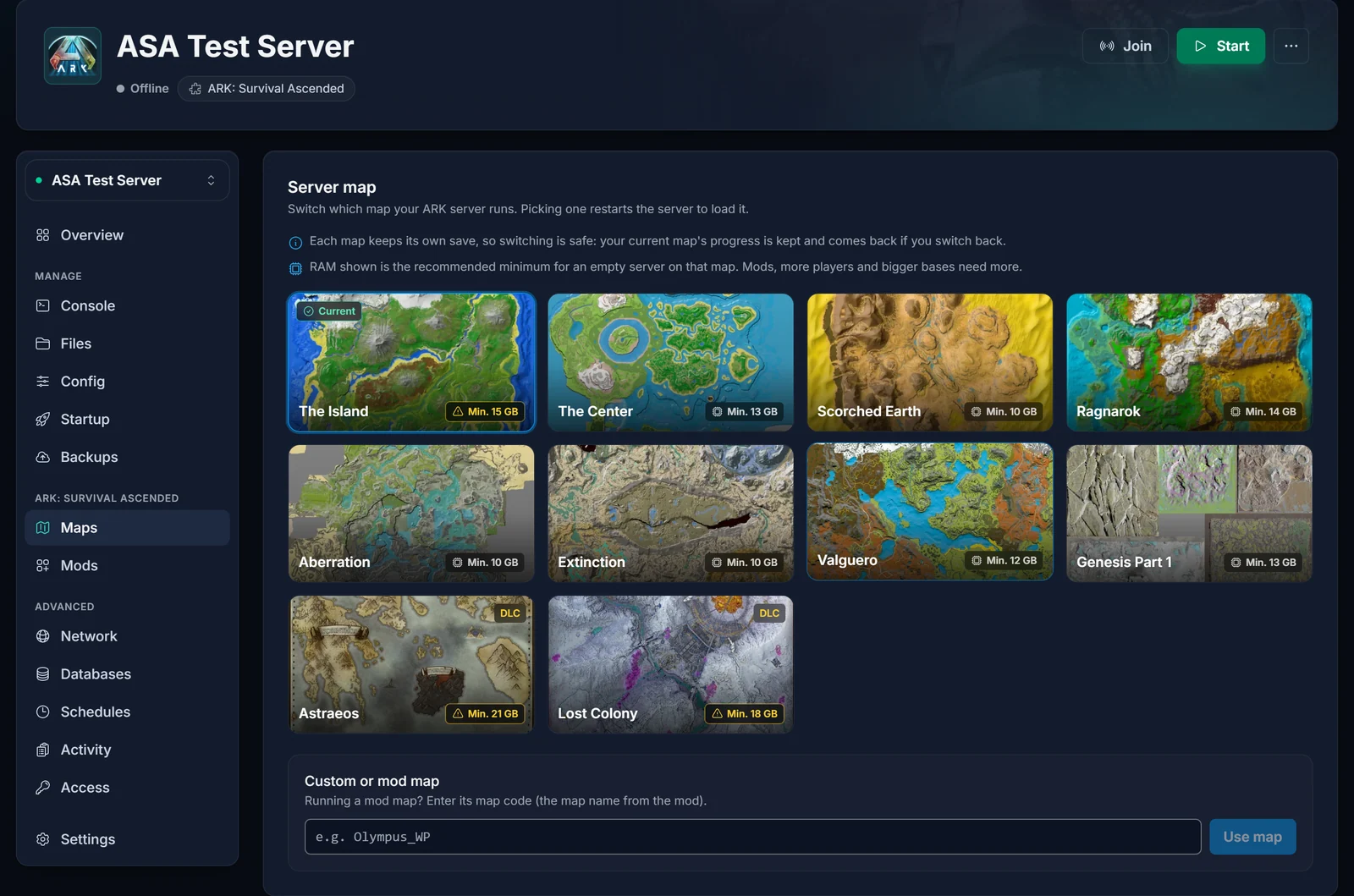 L'onglet Cartes d'un serveur ARK: Survival Ascended dans le panel DoomHosting, avec The Island marquée comme carte actuelle
