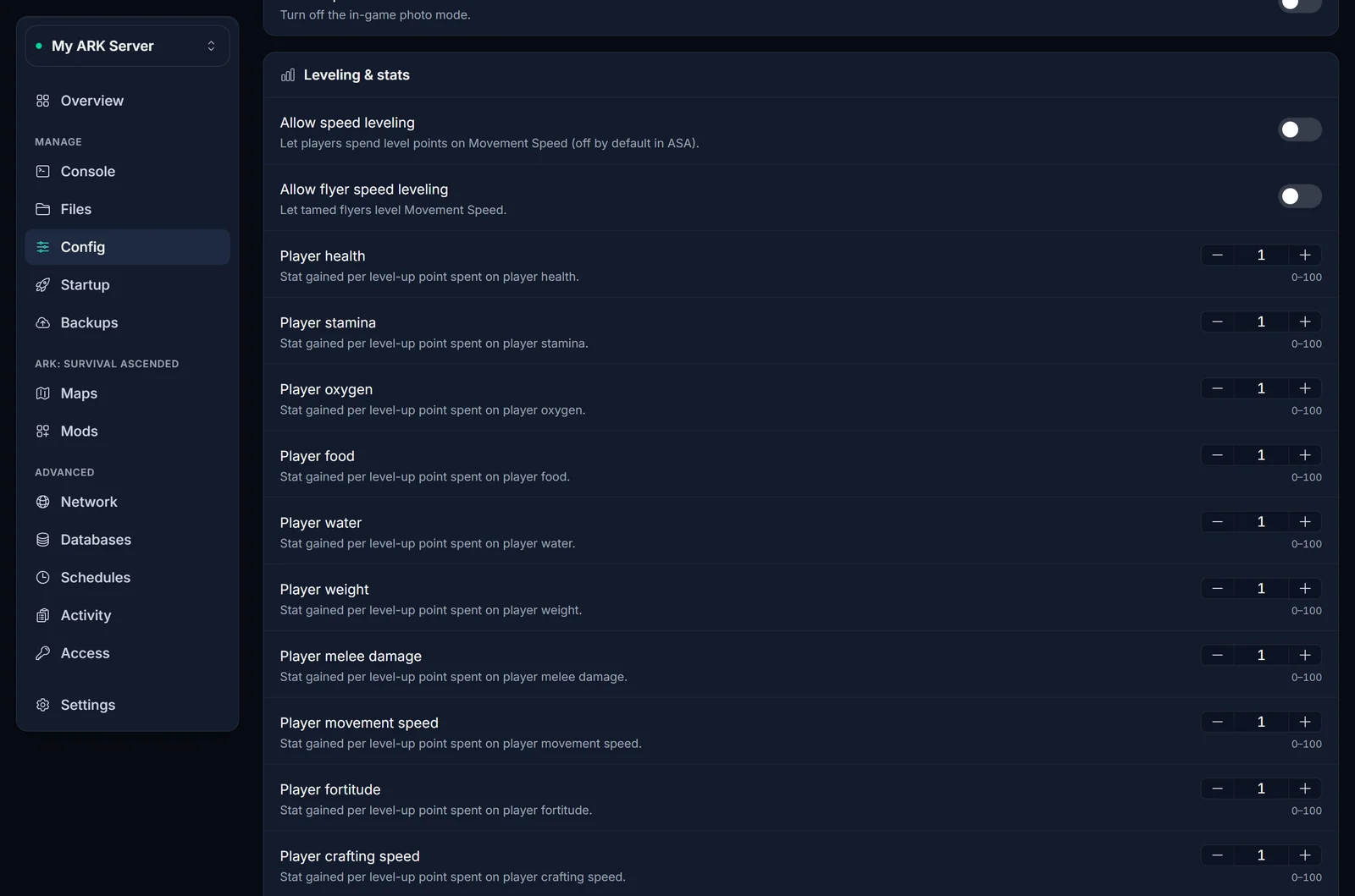 La section Leveling & stats de l'onglet Config sur un serveur ARK: Survival Ascended hors ligne, avec les multiplicateurs par niveau de la santé, de l'endurance et du poids du joueur