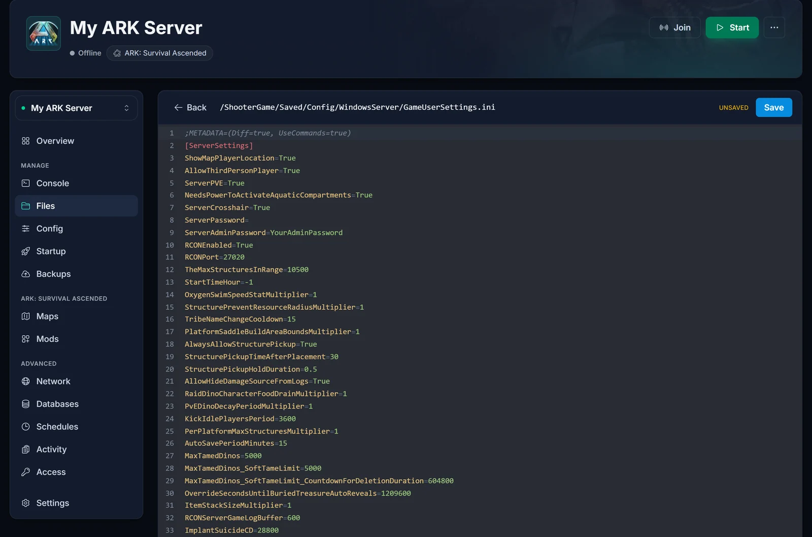GameUserSettings.ini avattuna paneelin tiedostoeditorissa, ylhäällä ServerSettings-otsikko ja Save-painike