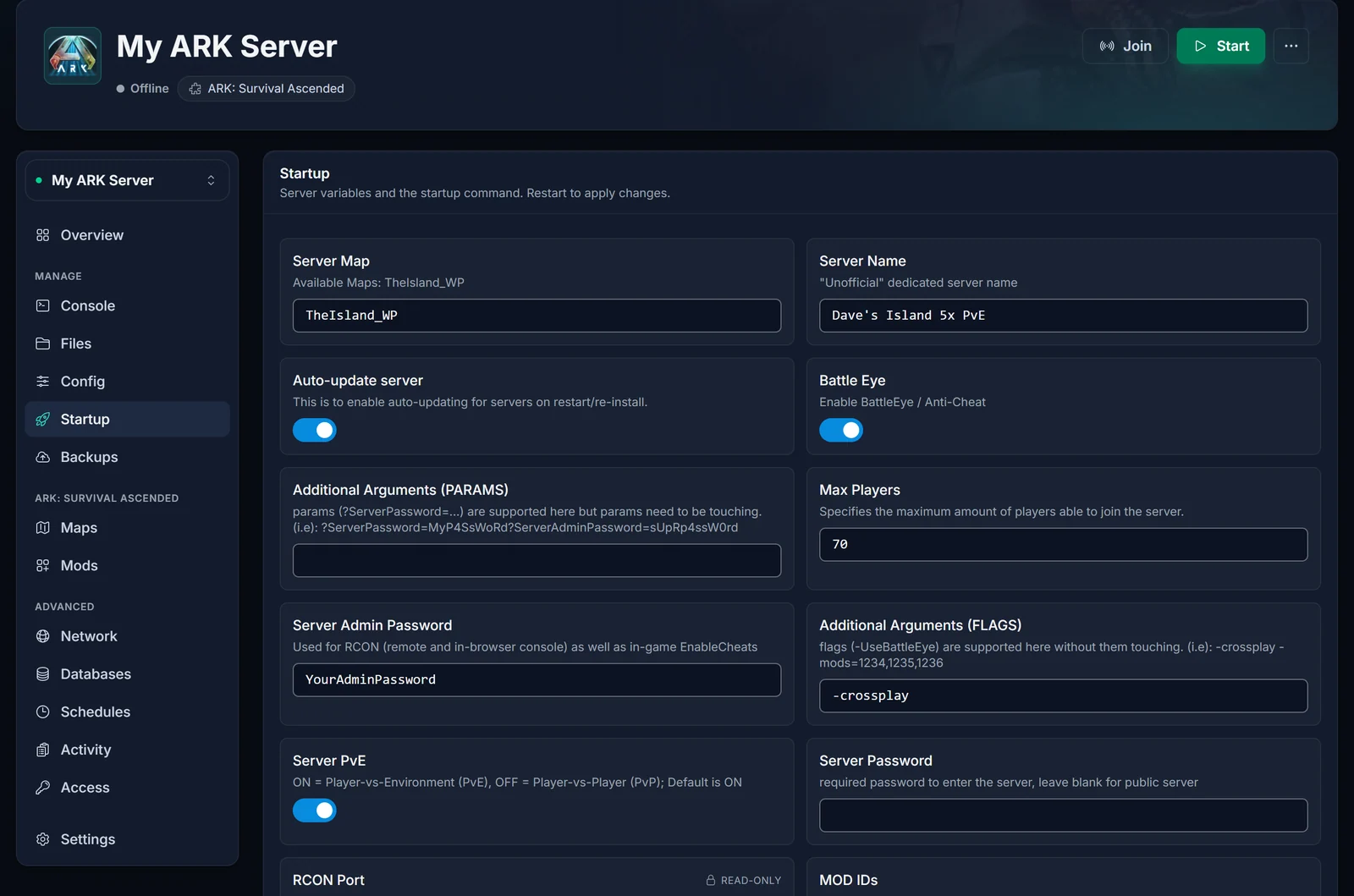 ARK: Survival Ascended -palvelimen Käynnistys-välilehti, jossa Server Name -kentässä on itse valittu nimi ja vieressä Server Map -kenttä