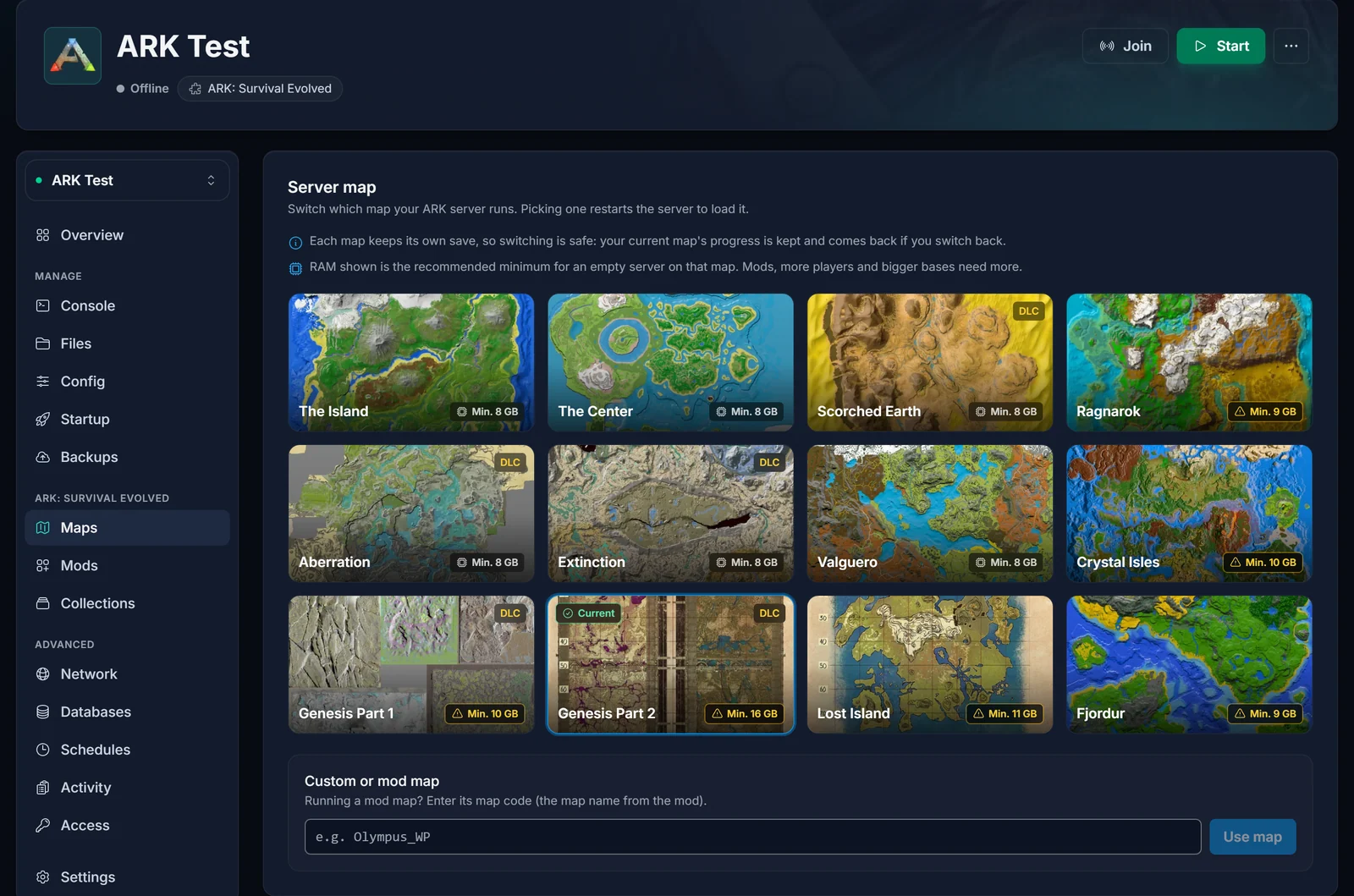 L'onglet Cartes d'un serveur ARK: Survival Evolved dans le panel DoomHosting, où chaque carte est une sauvegarde distincte