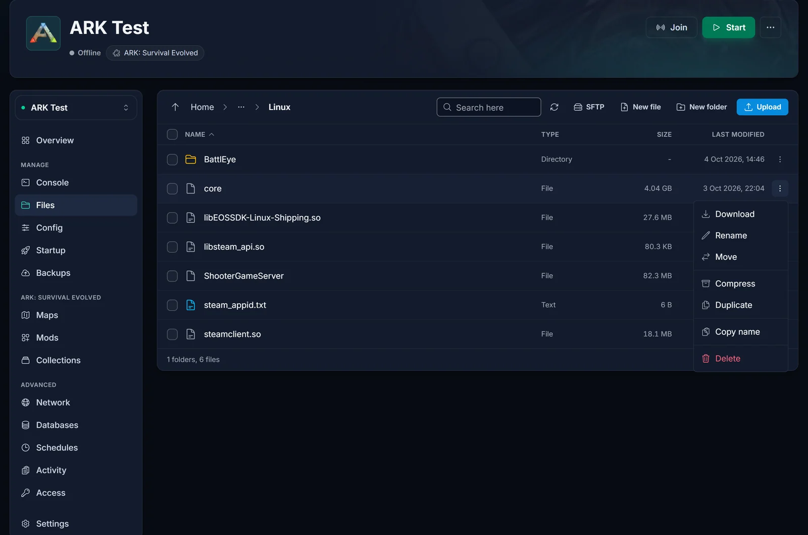 File Manager dans ShooterGame/Binaries/Linux avec un fichier core de 4,04 Go et son option Delete ouverte