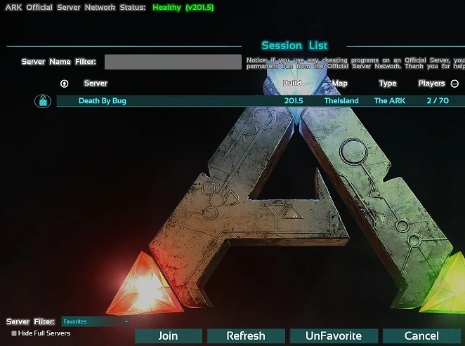 ARK Join skärm Session List med Favorites filter och en server