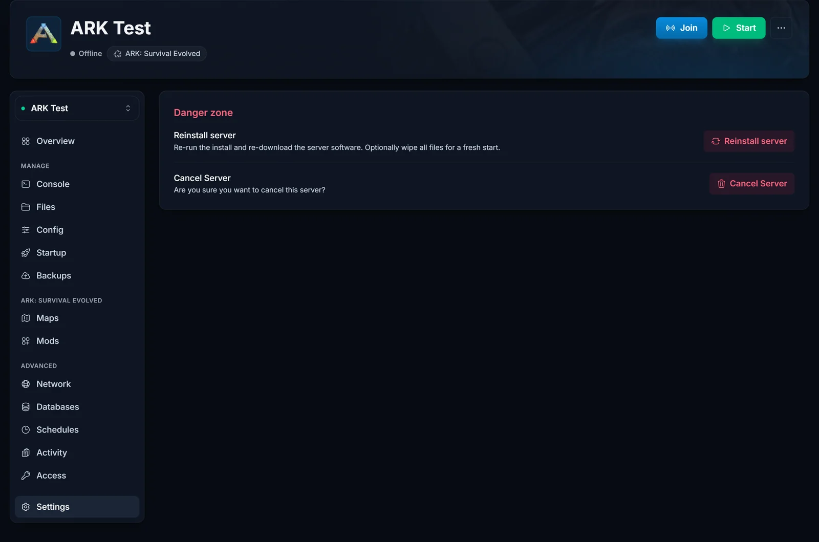 Settings-siden med Reinstall server-handlingen