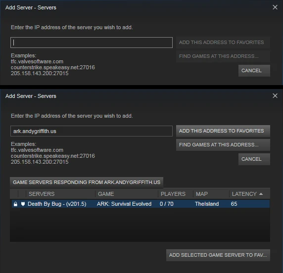 Steam Add Server dialog med en ARK server adress angiven