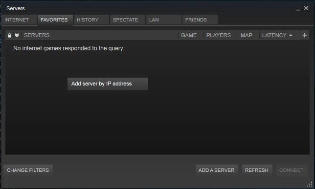Steam Servers fönster på fliken Favorites med Add a Server