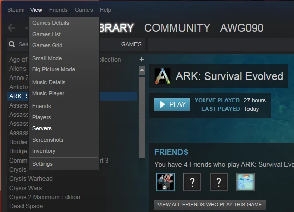 Steam View meny med Servers markerat