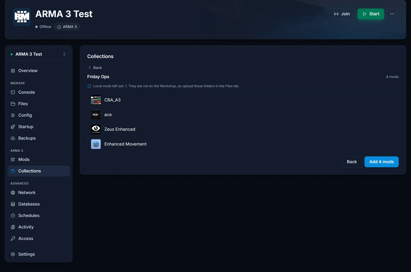 Podgląd presetu z Arma 3 Launcher przed dodaniem modów