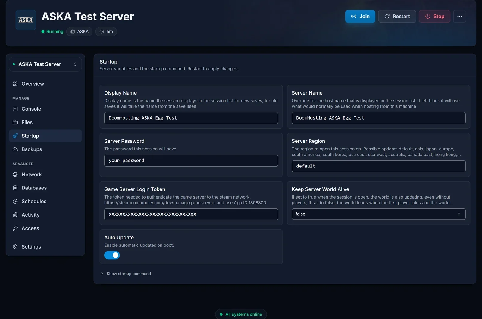 Der Startup-Tab eines ASKA-Servers im DoomHosting-Panel mit den Feldern Display Name, Server Name, Server Password und Server Region