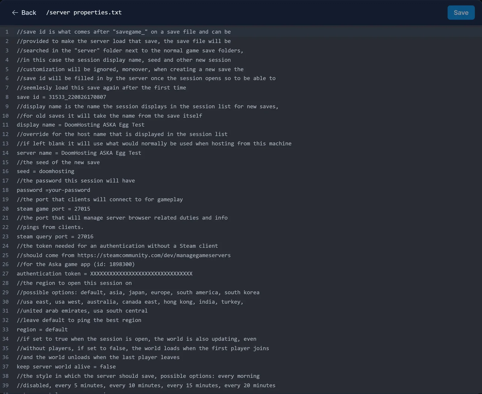server properties.txt open in the DoomHosting file editor, with the save id line and the seed line set to doomhosting