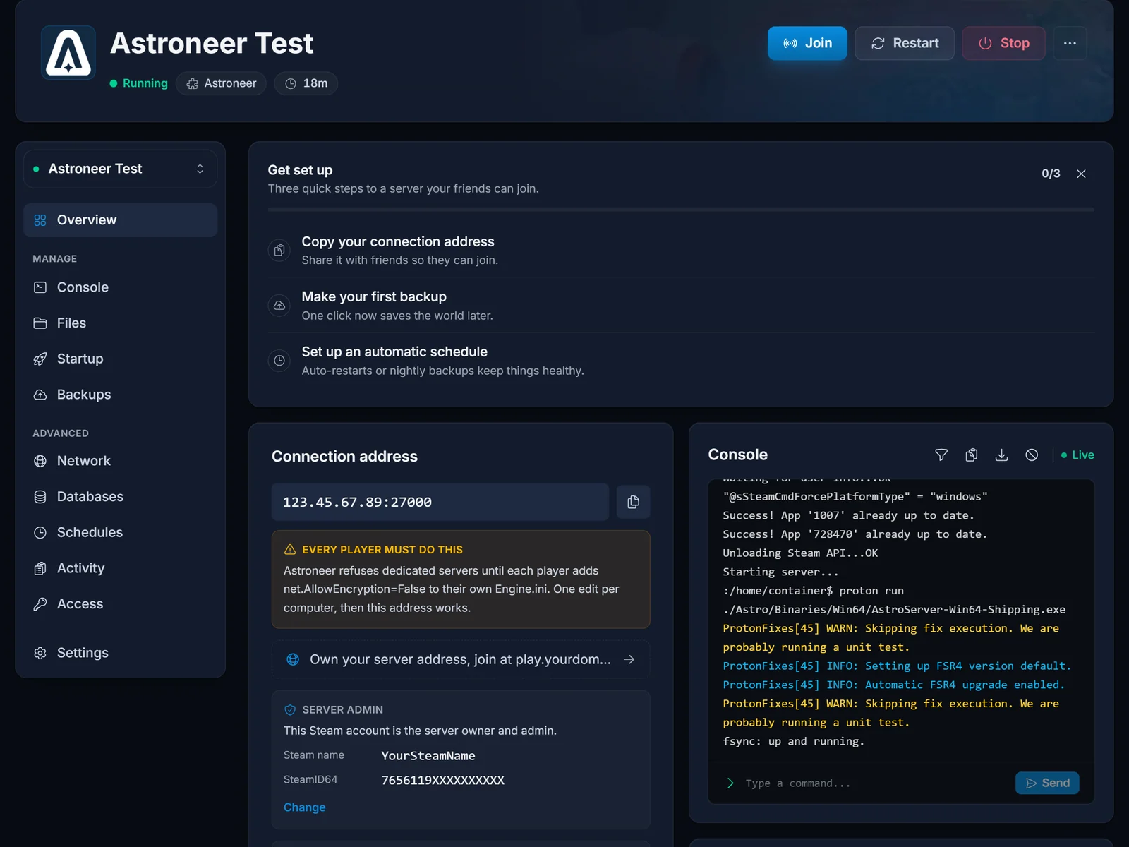 Die Astroneer Server-Admin-Karte im DoomHosting-Panel