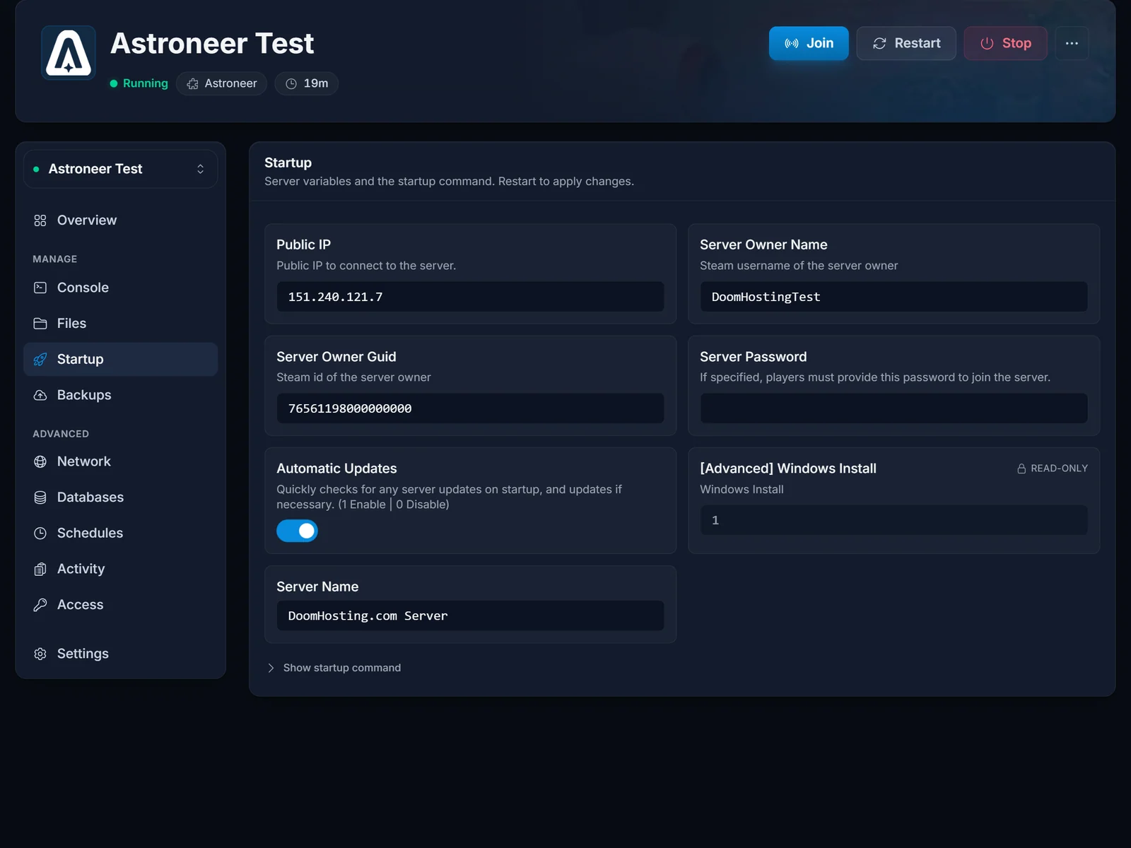 Der Startup-Reiter eines Astroneer-Servers