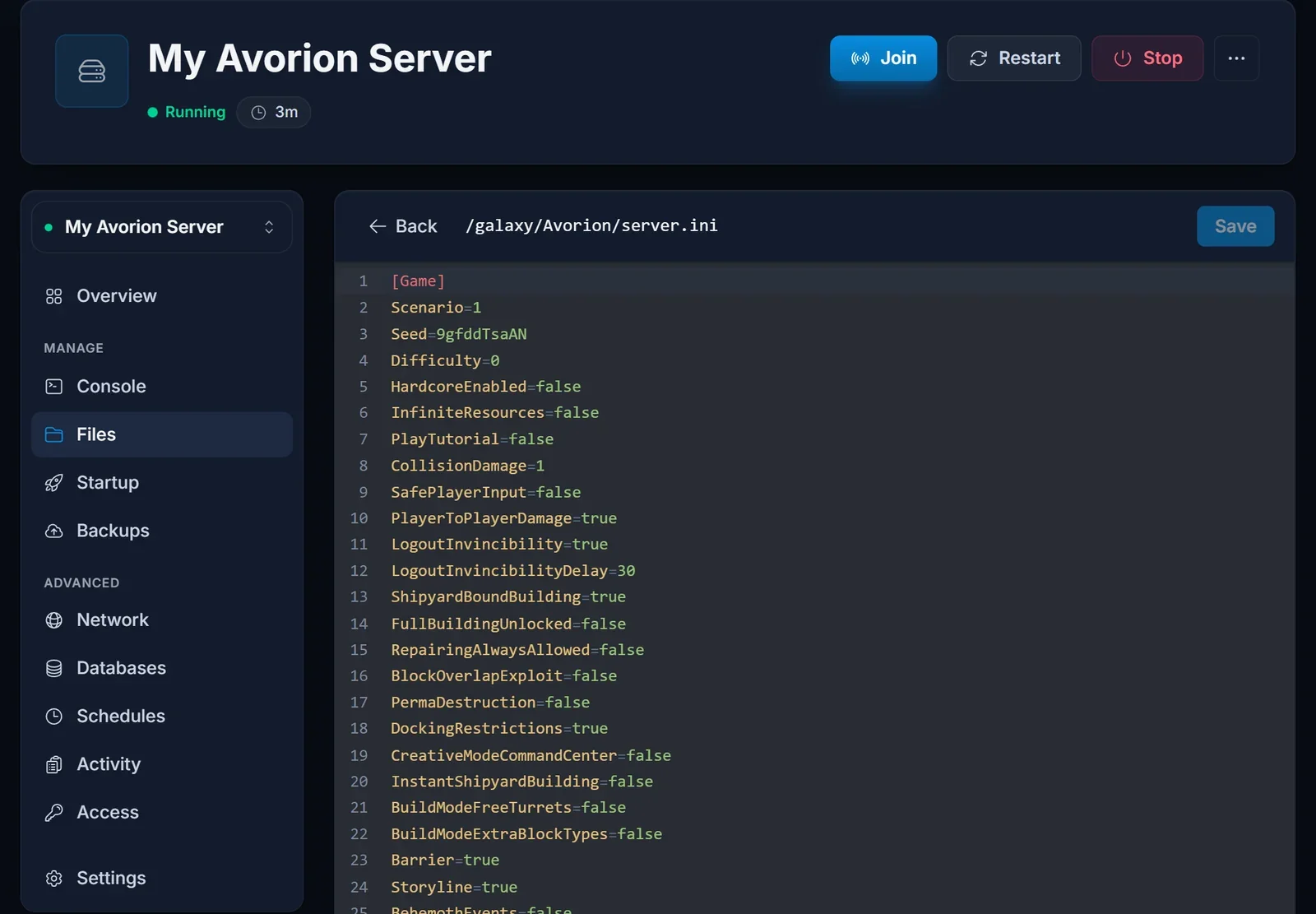 Avorion-galaksin server.ini avattuna DoomHosting-paneelin tiedostoeditorissa, Game-osiossa Difficulty, CollisionDamage, PlayerToPlayerDamage, BlockOverlapExploit ja Barrier