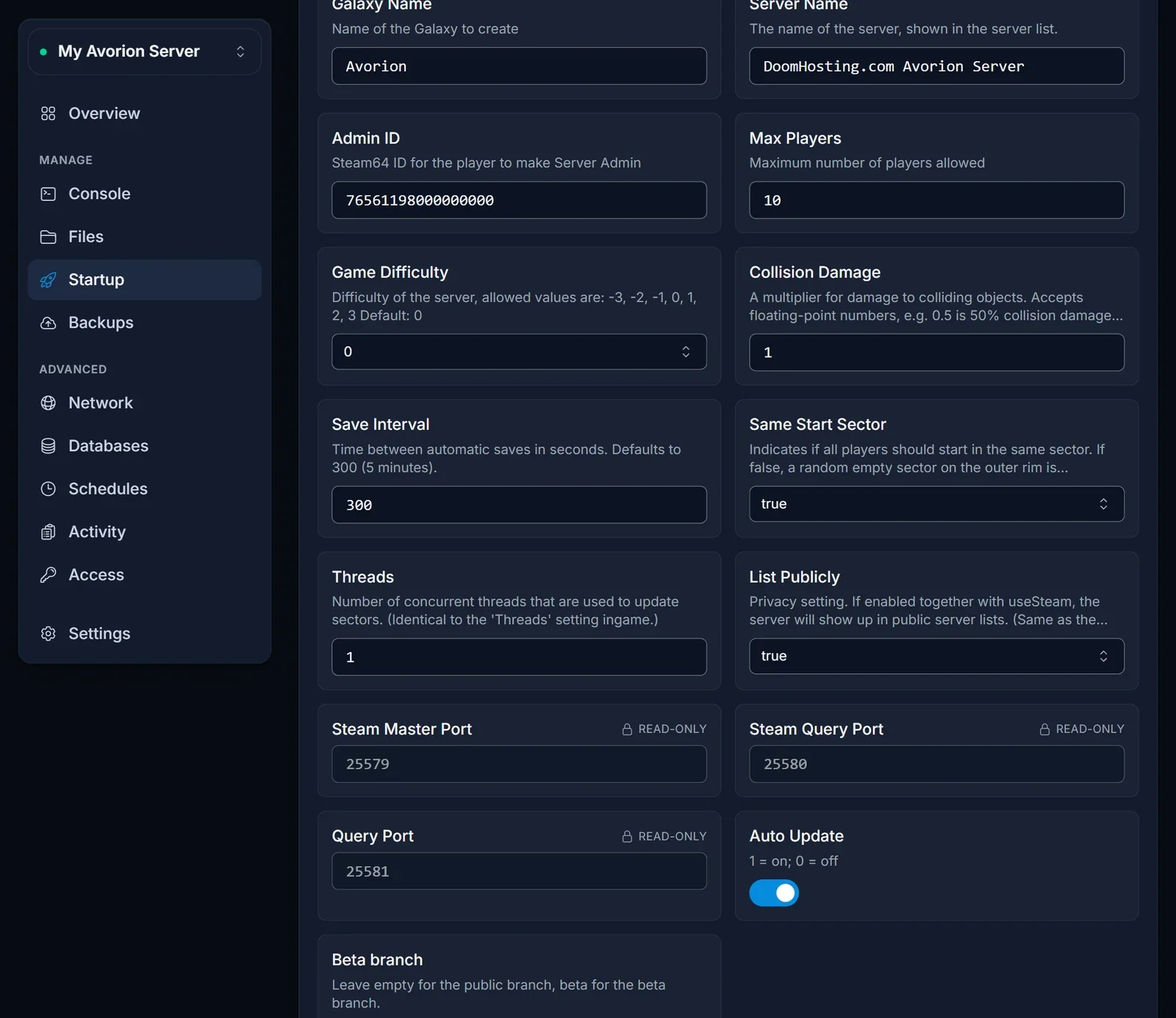 Avorion-palvelimen Startup-välilehti, jossa Admin ID -kenttään on syötetty SteamID64
