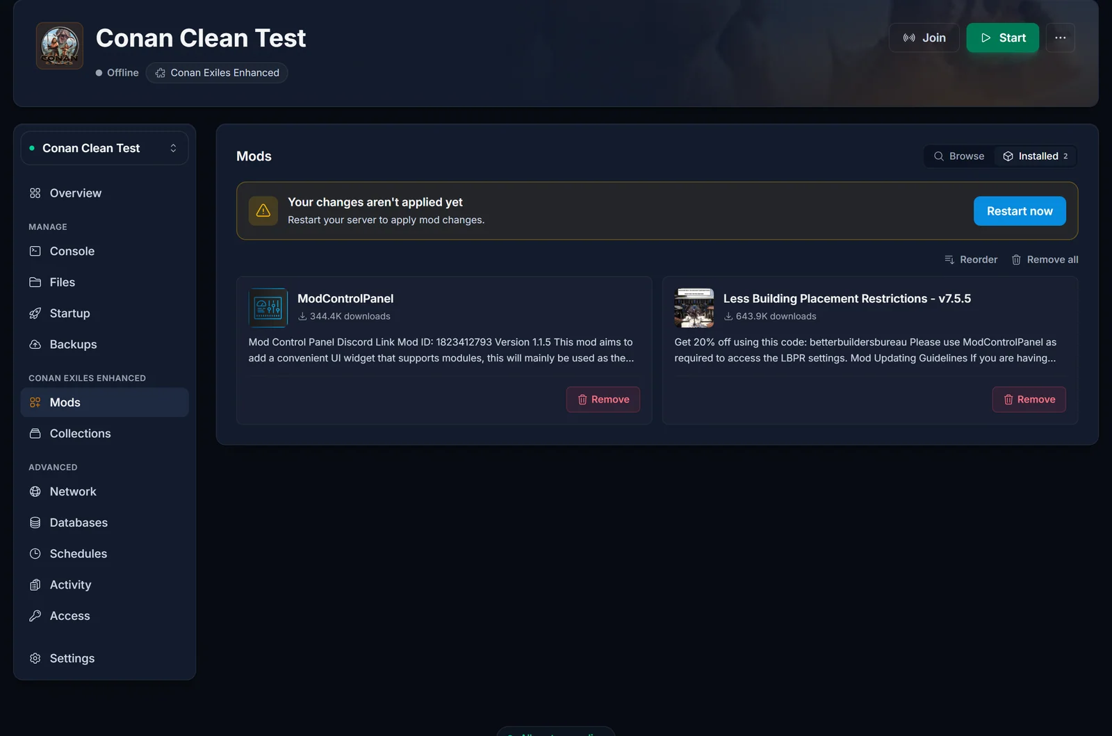 The installed mod list with reorder and remove controls