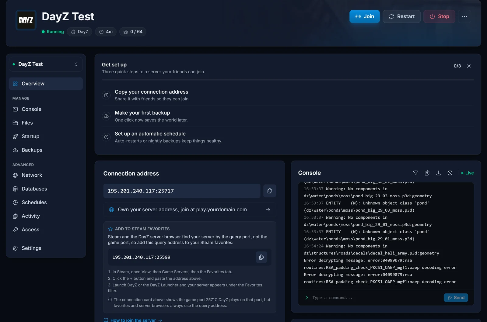 DayZ-serverns Overview i DoomHosting-panelen med anslutningskortet och Add to Steam favorites-blocket