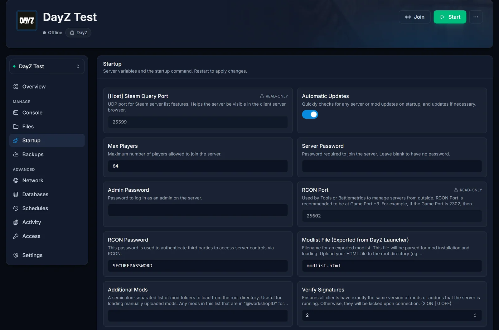 DayZ serverens Startup fane med felterne Modlist File og Additional Mods