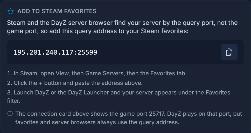 Add to Steam favorites-blocket med query-adressen och kopieringsknappen