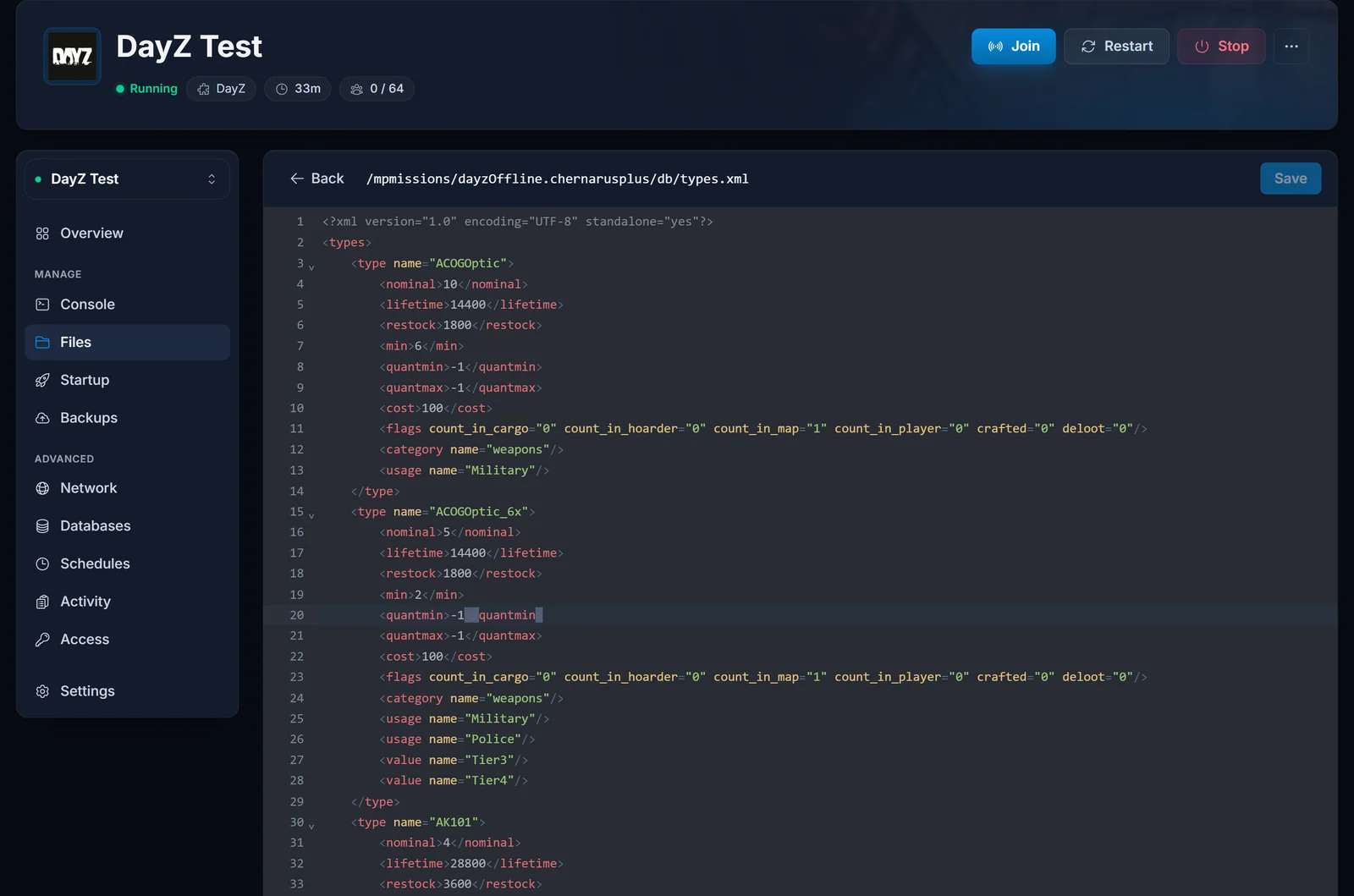 Redigering af types.xml i panelets fil-editor