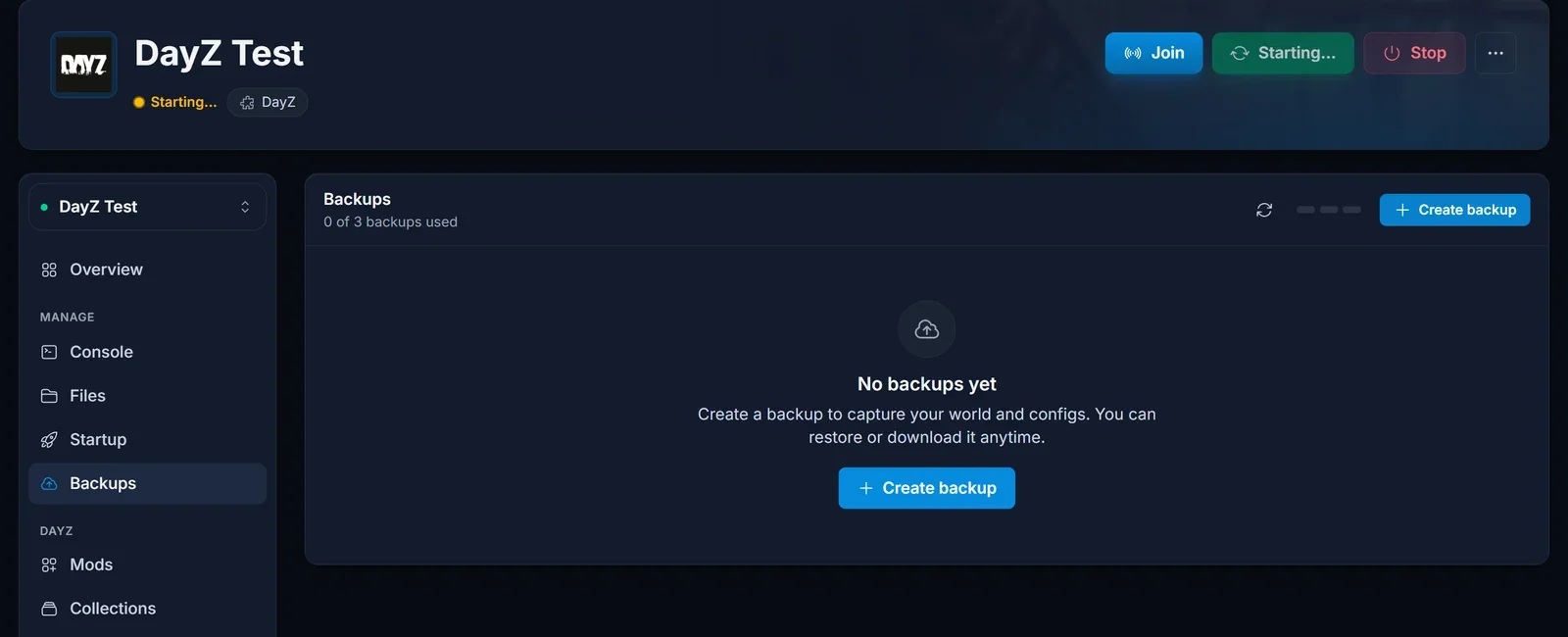 Zakładka Backups w panelu gry DoomHosting