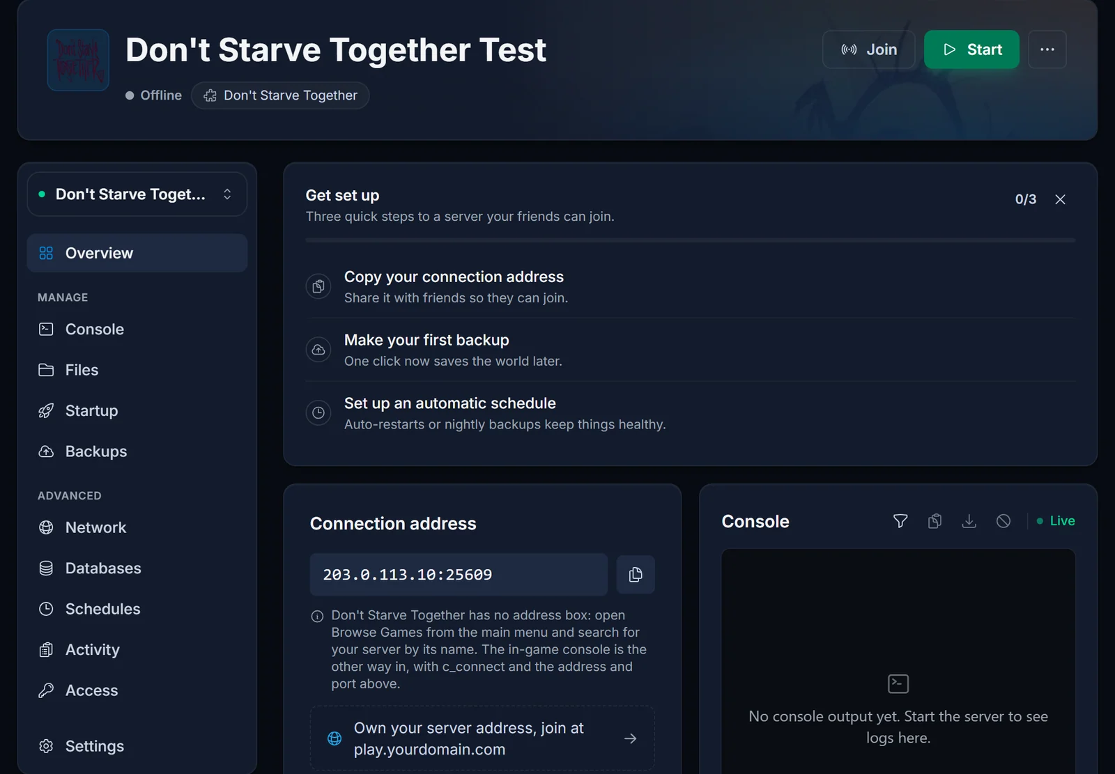 Przegląd serwera Don't Starve Together z adresem połączenia i uwagą, że gra nie ma pola na adres