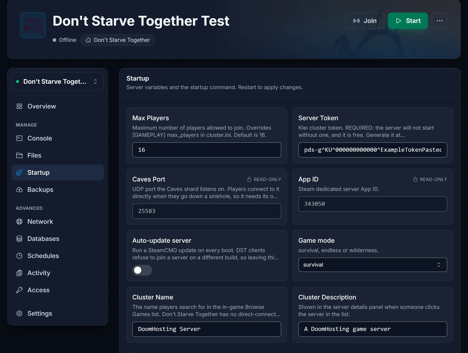 Zakładka Uruchamianie serwera Don't Starve Together z tokenem klastra wklejonym w pole Server Token