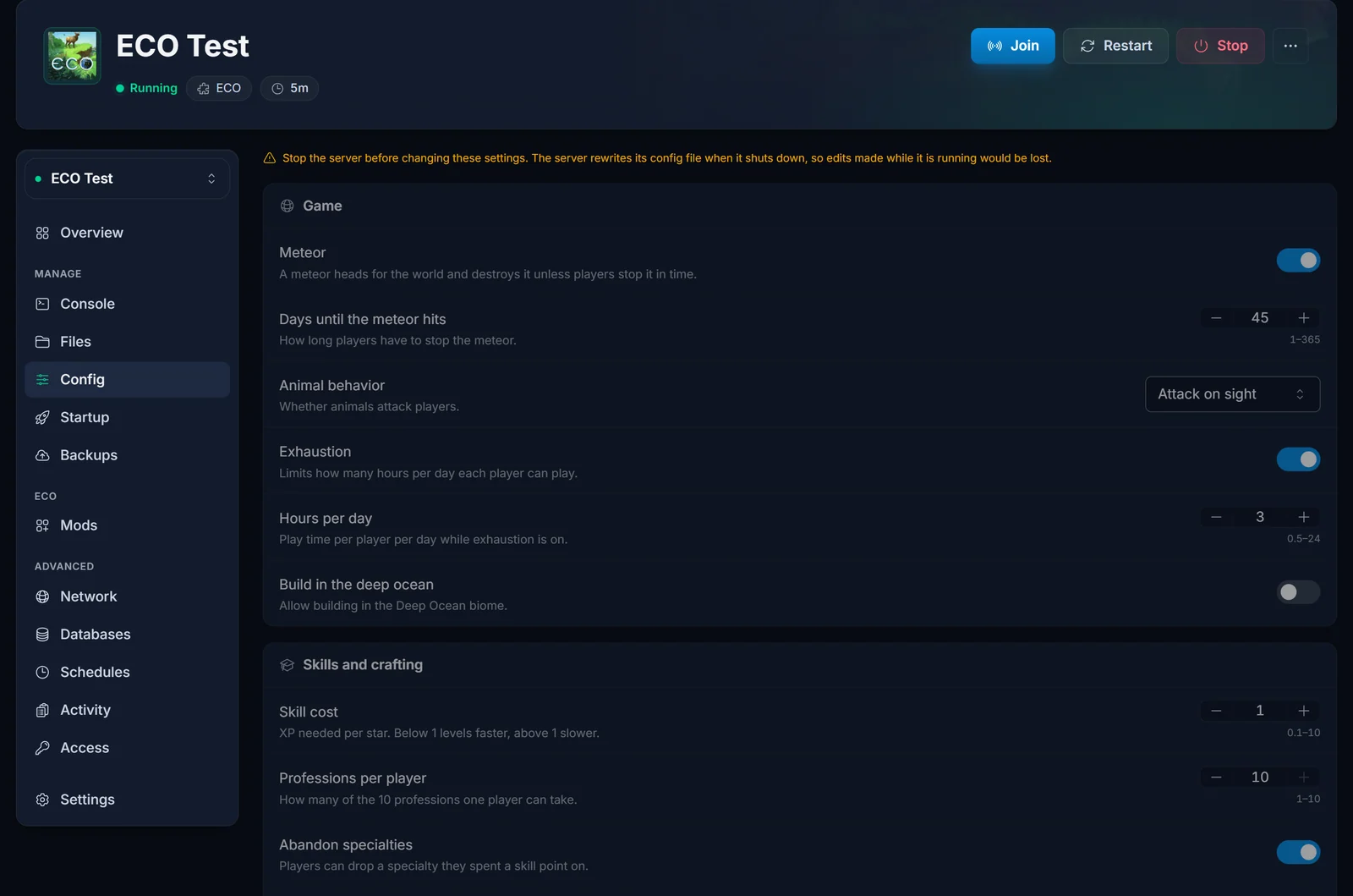 Fanen Konfigurasjon for en Eco-server med innstillinger for meteor, dager til nedslaget, dyrenes oppførsel og skill-kostnad