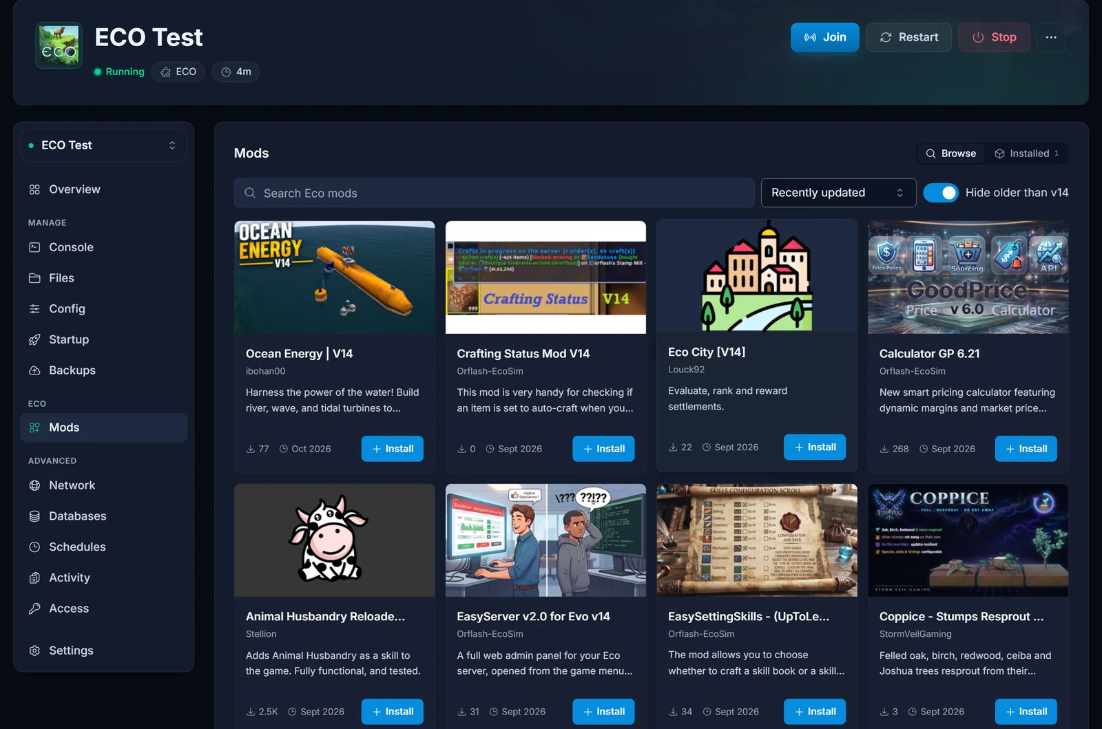 Fanen Mods på en Eco-server i DoomHosting-panelet med mods fra mod.io og Install-knapper