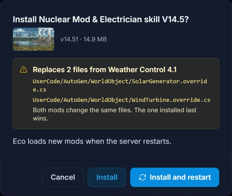 Installasjonsdialog for en Eco-mod som advarer om at den erstatter to filer fra Weather Control