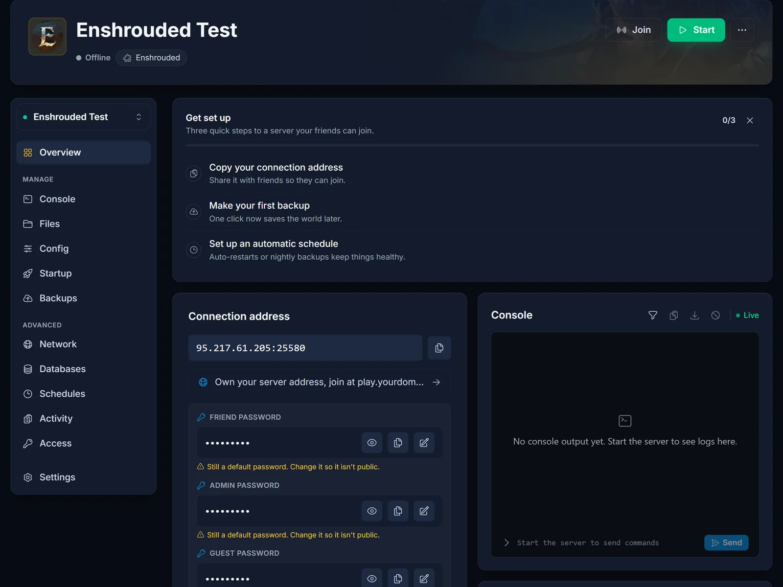 Die Verbindungskarte für Enshrouded im DoomHosting Panel mit Serveradresse und Gruppenpasswörtern
