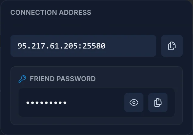 Das Join-Popover im DoomHosting Panel mit der Adresse neben dem Friend-Passwort