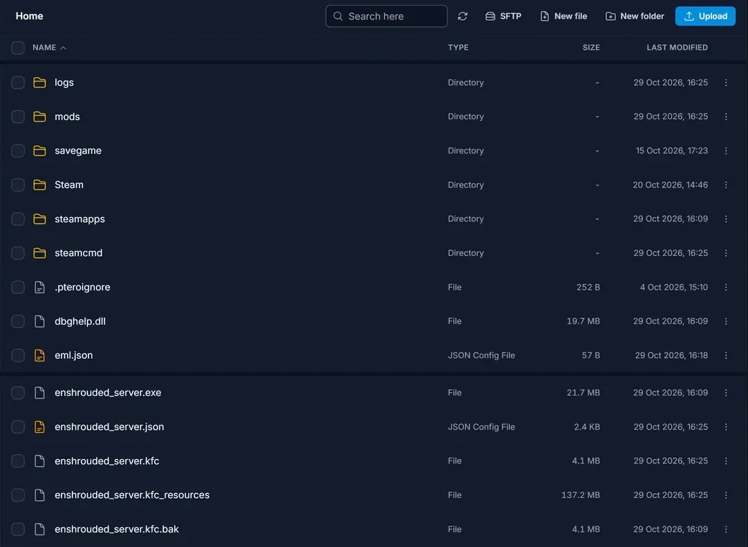 Der Tab Files eines Enshrouded-Servers mit dbghelp.dll, dem Ordner mods, eml.json und enshrouded_server.kfc.bak