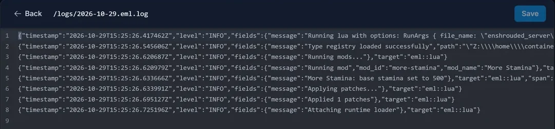 Die EML-Logdatei im Panel-Editor mit Running mod und Applied 1 patches