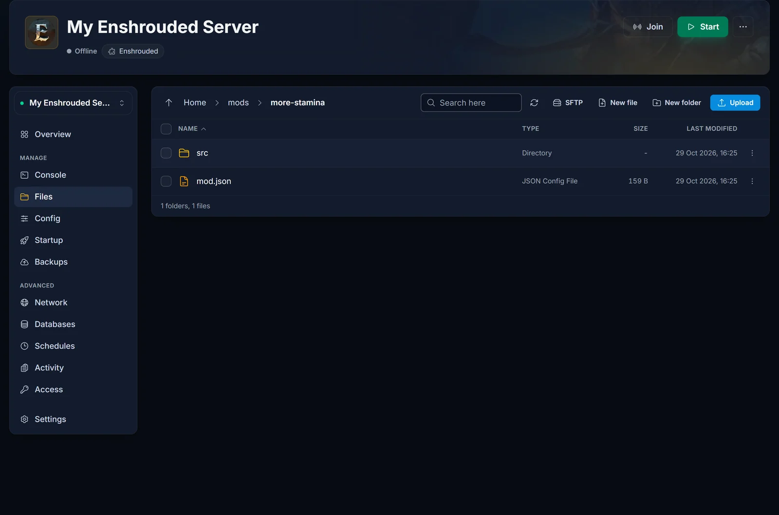 Der Ordner mods eines Enshrouded-Servers mit einem Mod-Ordner, der mod.json enthält