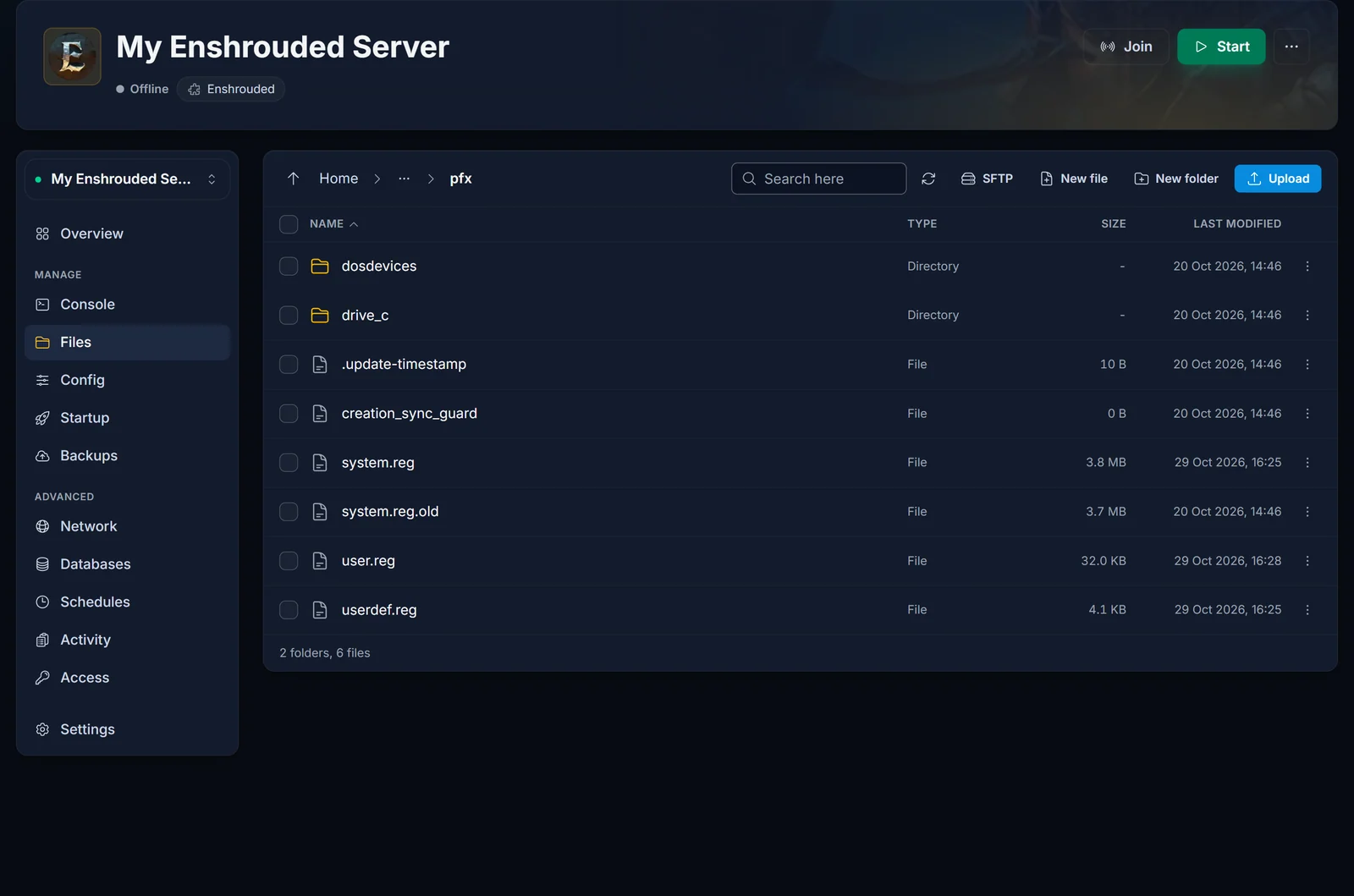 Der Ordner pfx im Tab Files eines Enshrouded-Servers mit der Datei user.reg