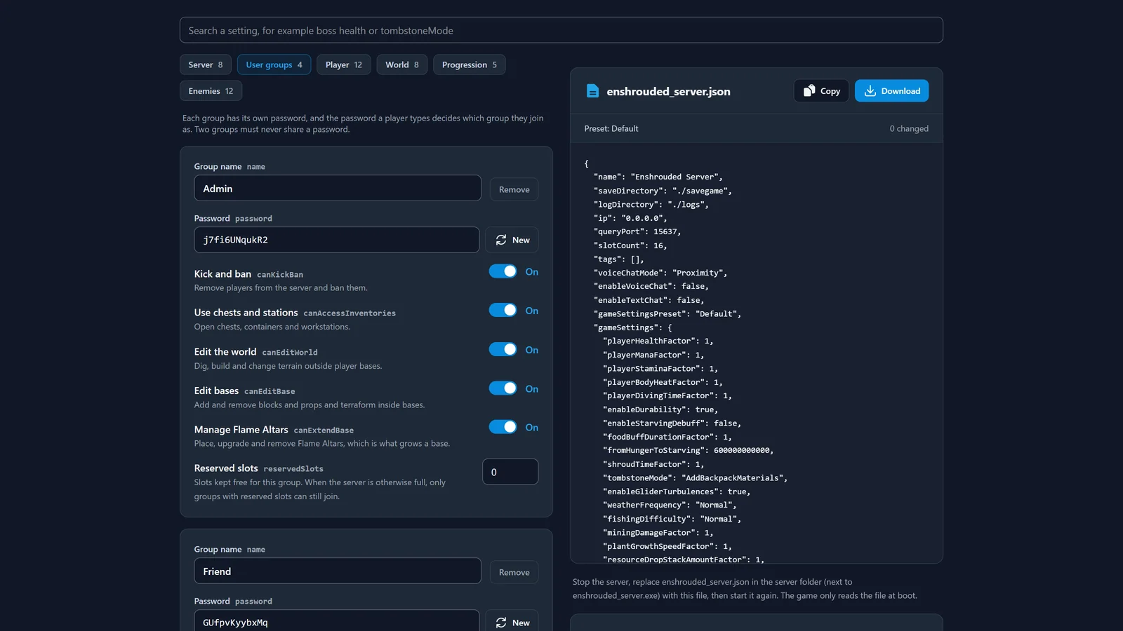 Enshrouded server settings generator med användargrupper, behörigheter och förhandsvisning av enshrouded_server.json