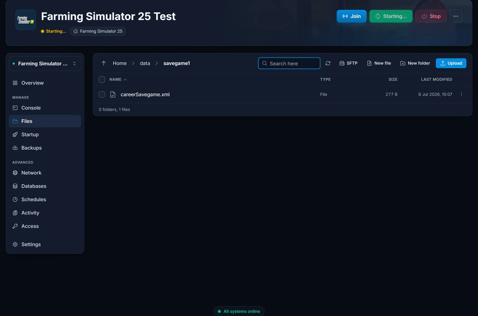Files-fanen pĂĄ en Farming Simulator 25-server med careerSavegame.xml i mappen data/savegame1