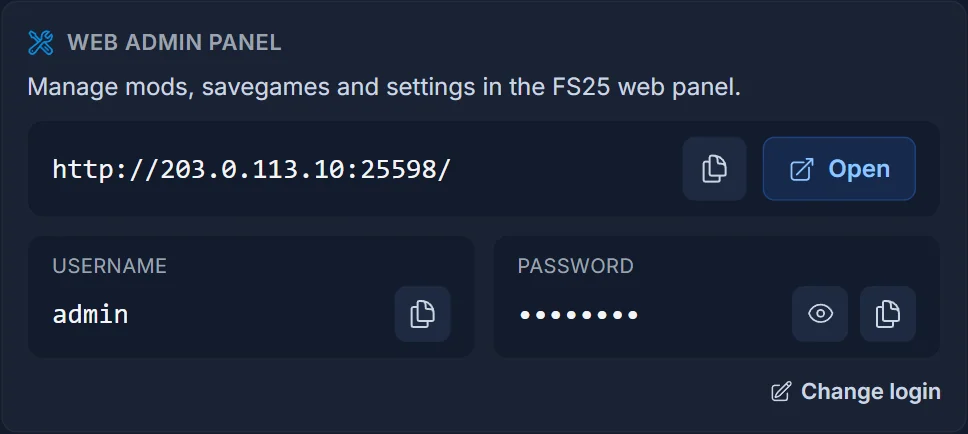 Kortet Web admin panel på en Farming Simulator 25-servers overview i DoomHosting-panelet med portaladresse, brugernavn og password
