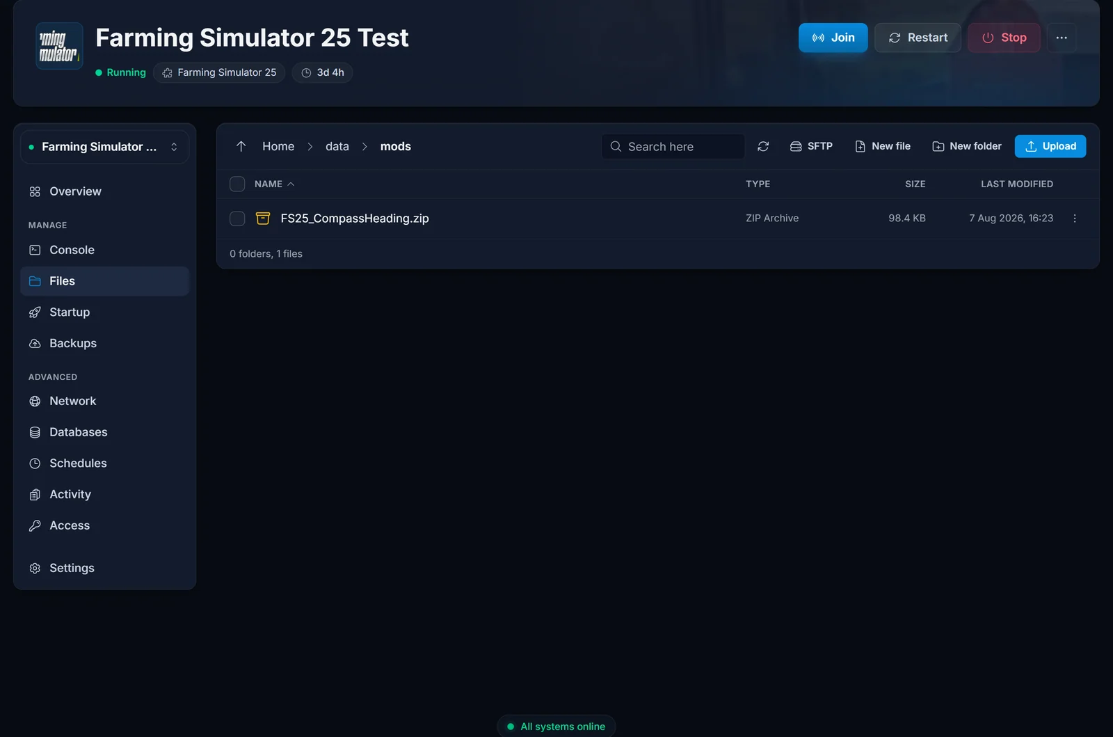 The Files tab open at Home > data > mods with a mod zip uploaded
