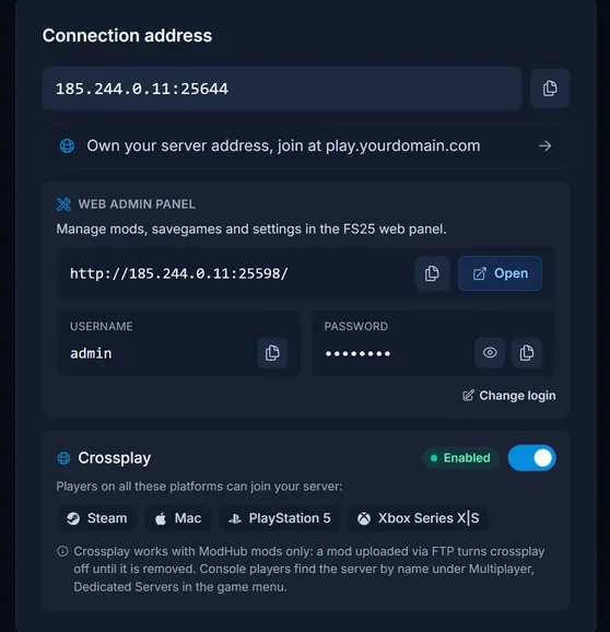 Web admin panel-kortet pĂĄ en Farming Simulator 25-server med adressen, brugernavnet og adgangskoden