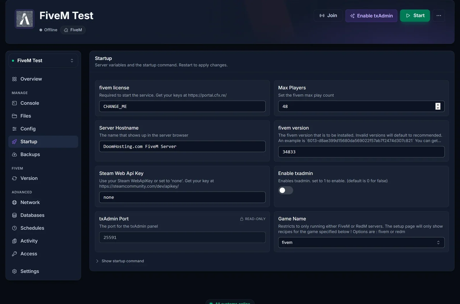 Zakładka Uruchamianie serwera FiveM w panelu DoomHosting z polem fivem version ustawionym na konkretny numer buildu artifact