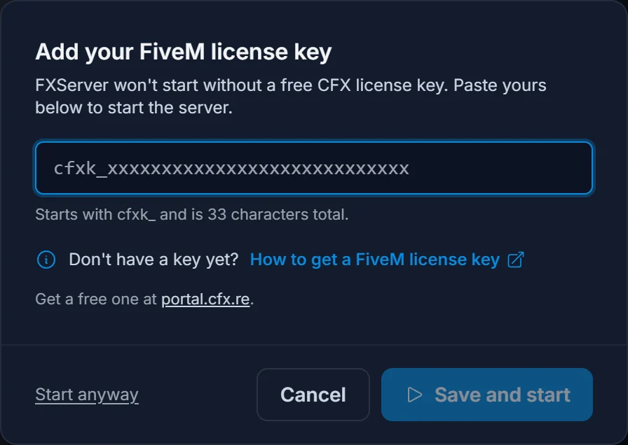 Der FiveM-license-key-Dialog im DoomHosting-Panel