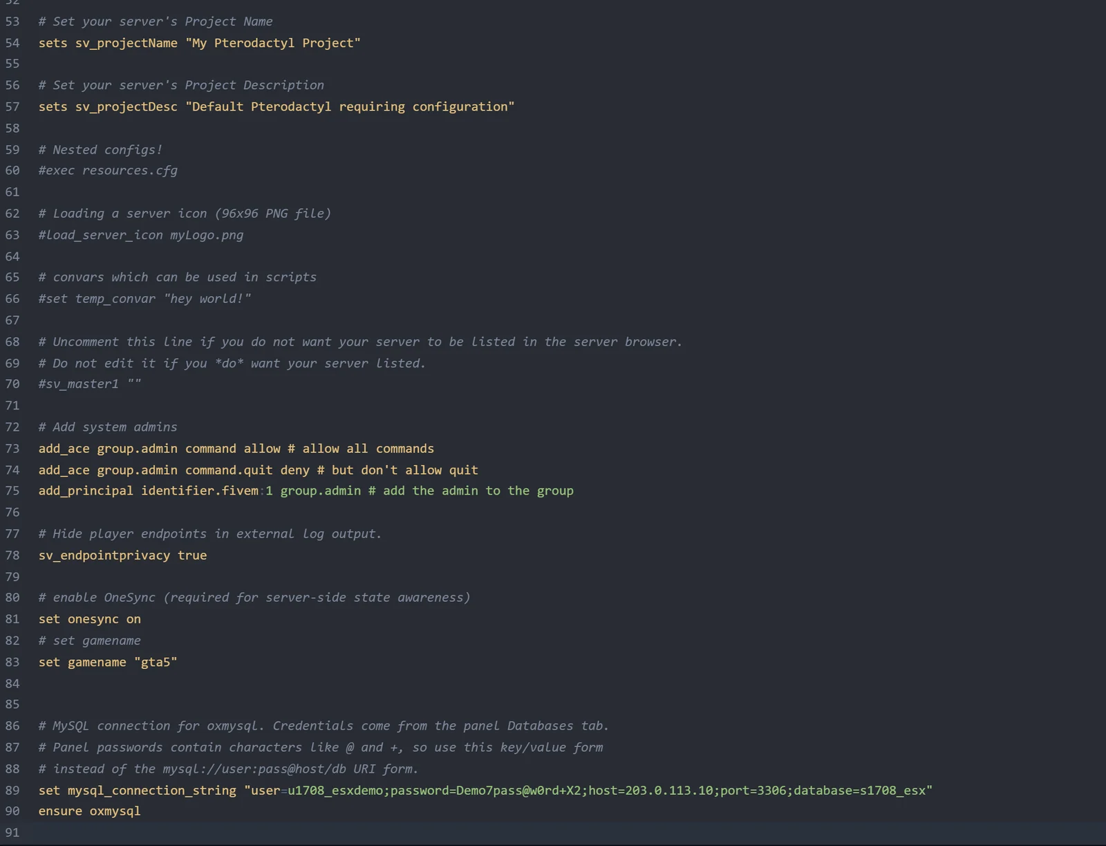 Bearbeiten der server.cfg im Dateien-Tab des Panels mit der Zeile mysql_connection_string oben