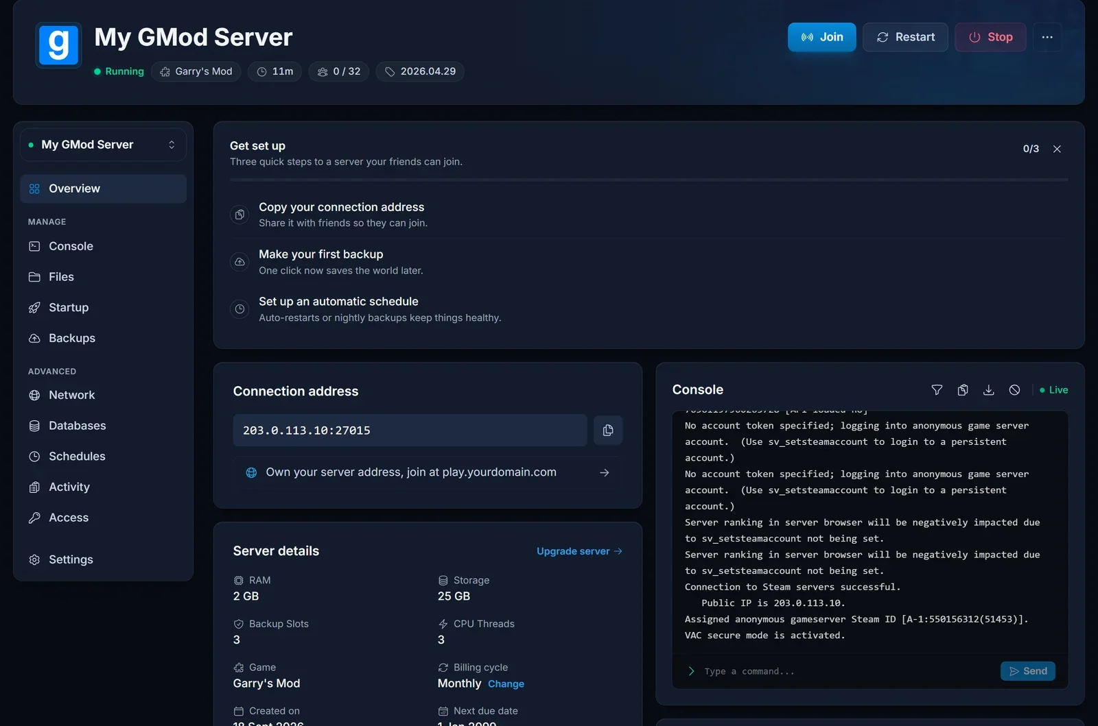 Overview-siden i DoomHosting-panelet for en Garry's Mod-server, hvor forbindelsesadressen med kopiknap er synlig