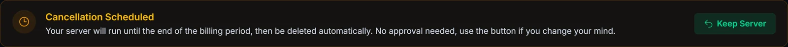 Baner Cancellation Scheduled z przyciskiem Keep Server