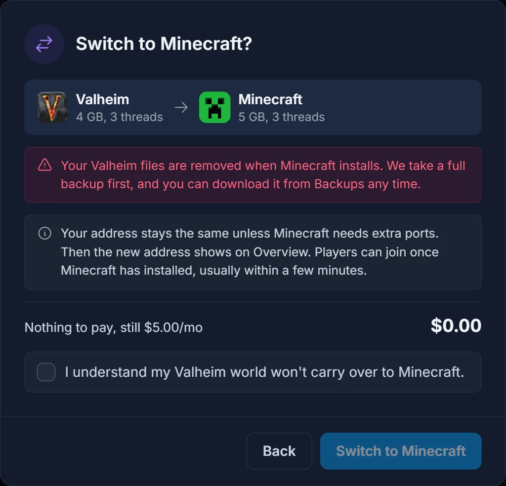 The confirm window for switching from Valheim to Minecraft, with the backup warning and nothing to pay