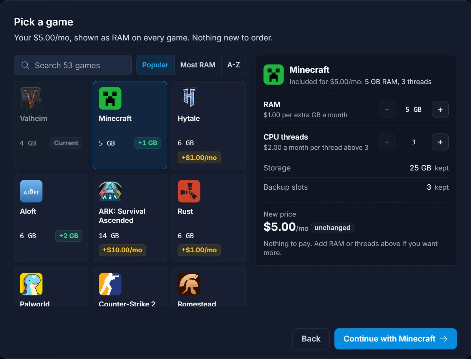 The Pick a game window with Minecraft selected, showing 5 GB RAM included at an unchanged price