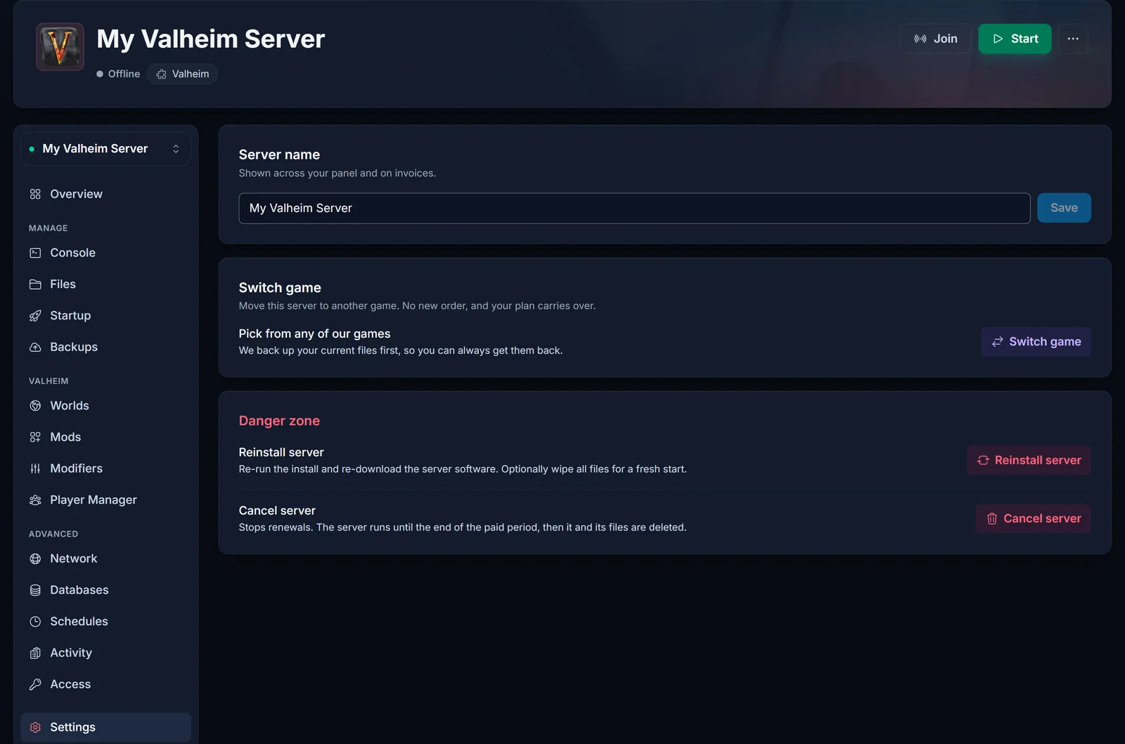 The Settings tab in the DoomHosting panel with the Switch game section above the danger zone